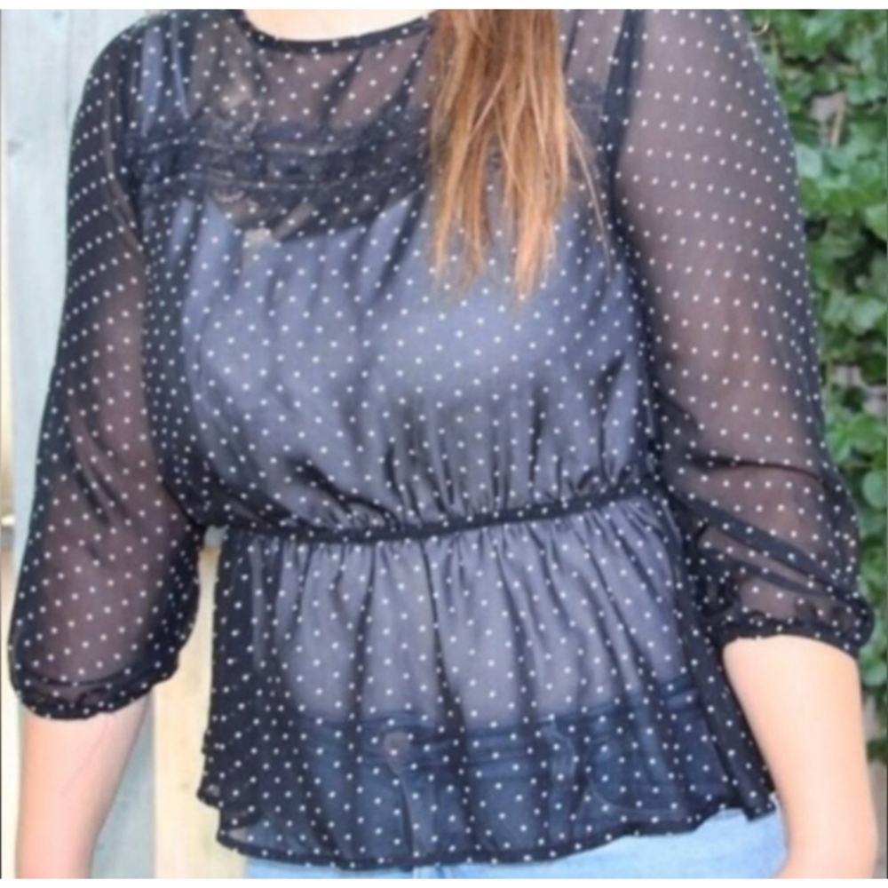 Lily Rose Peplum Polka Dot Sheer Blouse Black & White Size M